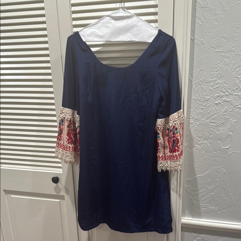 Judith March Blue and White Embellished Bell Sleeve Dress